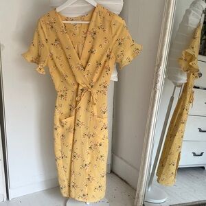 Monteau Yellow Floral Wrap-Style Midi Dress with Tie